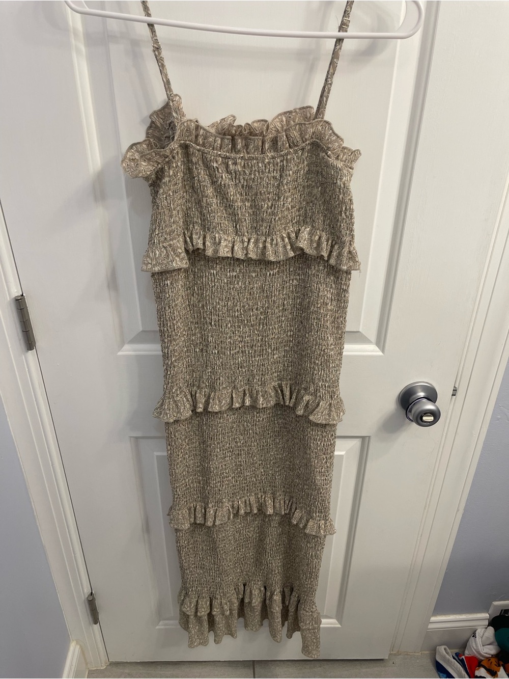 Smocked Tiered Midi Dress in Tan with Ruffle Accents - Picture 2 of 5